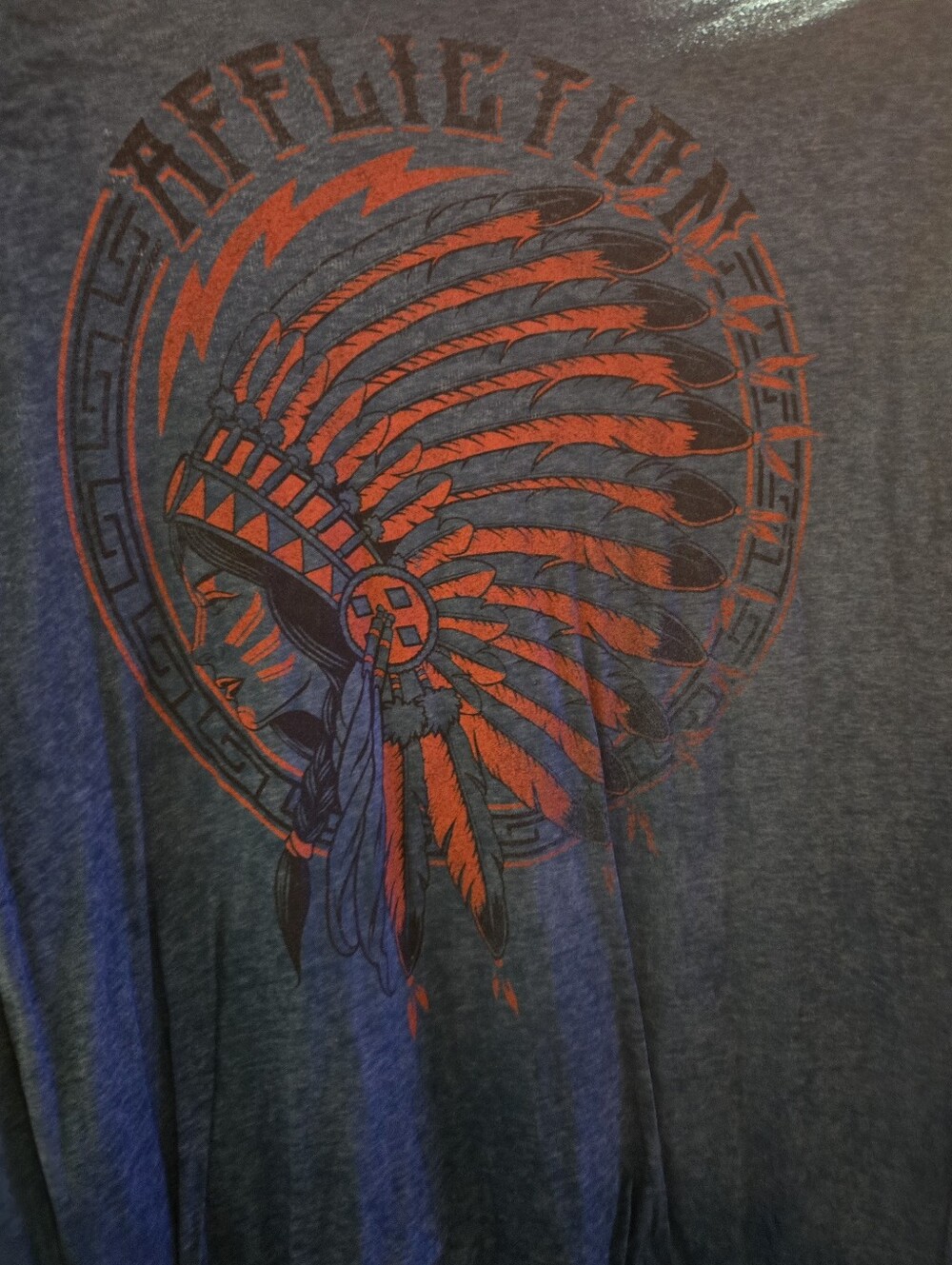 Affliction Men’s Charcoal Tee with Red Native Headdress Graphic